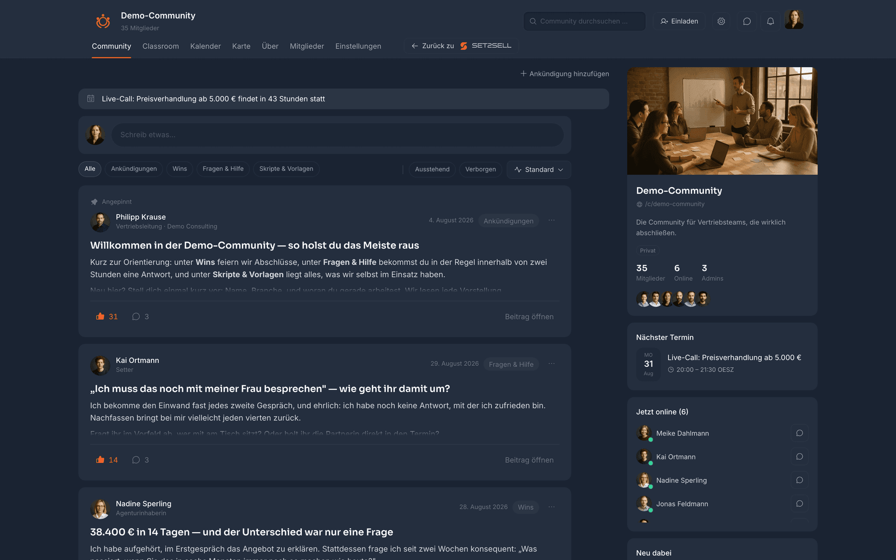 Community in Set2Sell mit Feed, Beiträgen und Mitgliederliste
